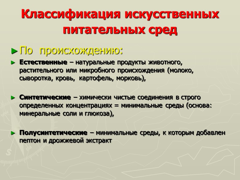 Классификация искусственных  питательных сред  По  происхождению: Естественные – натуральные продукты животного,